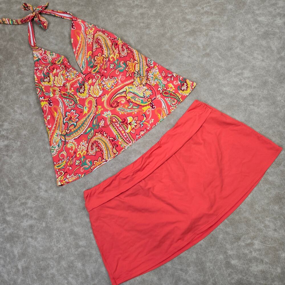 Chaps Paisley Halter Tankini & Swim Skirt 2 Piece Swimsuit Set Pink Coral 16